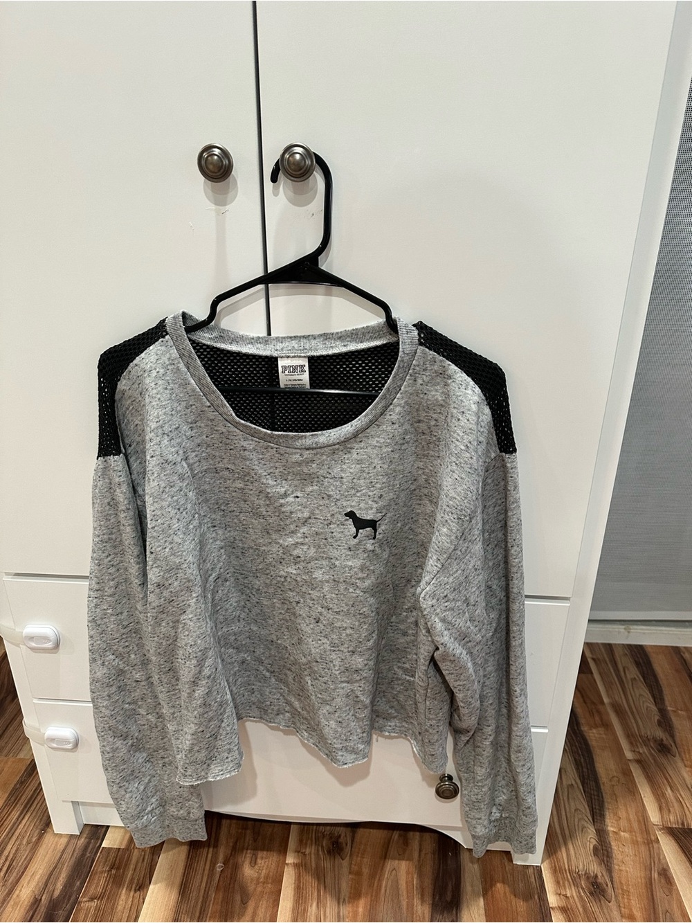 PINK Victoria's Secret Grey Crewneck Sweatshirt with Black Mesh Shoulders